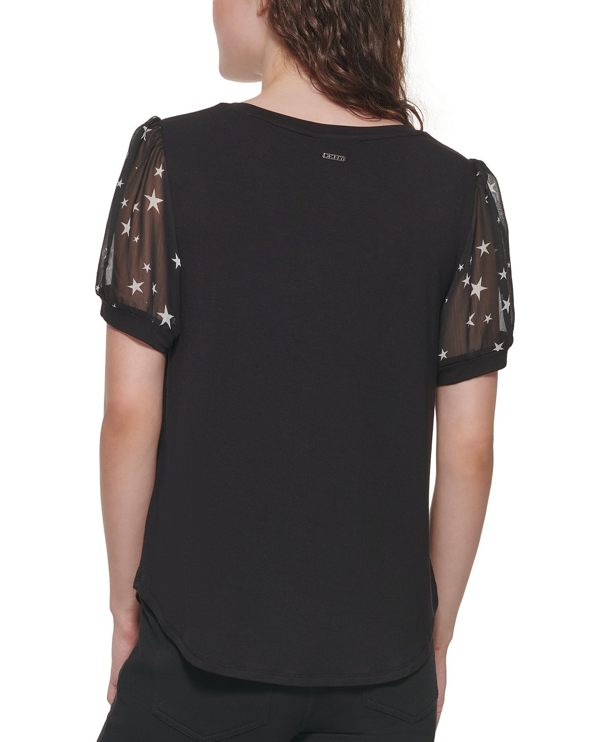 DKNY Women's Puff Sleeve Mixed Media Top  Black Size Large
