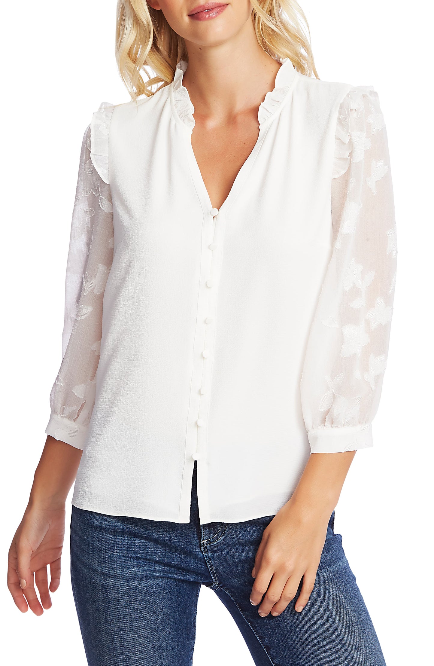 CeCe Women's Mixed Media Ruffled Top White Size X-Large