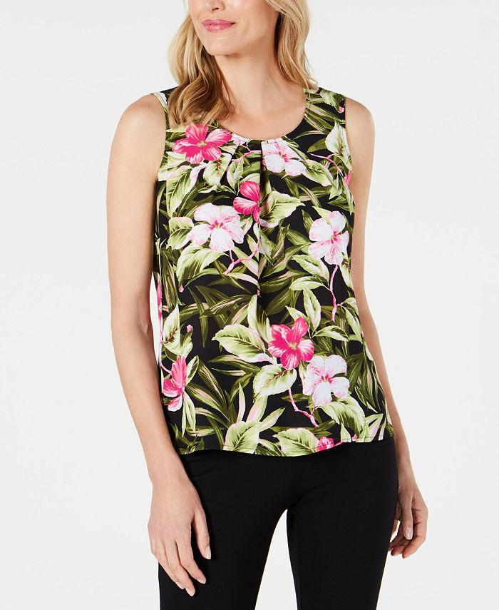 Kasper Women's Perfection Multi Sleeveless Tropical Pleat Neck Blouse Pink Size Large