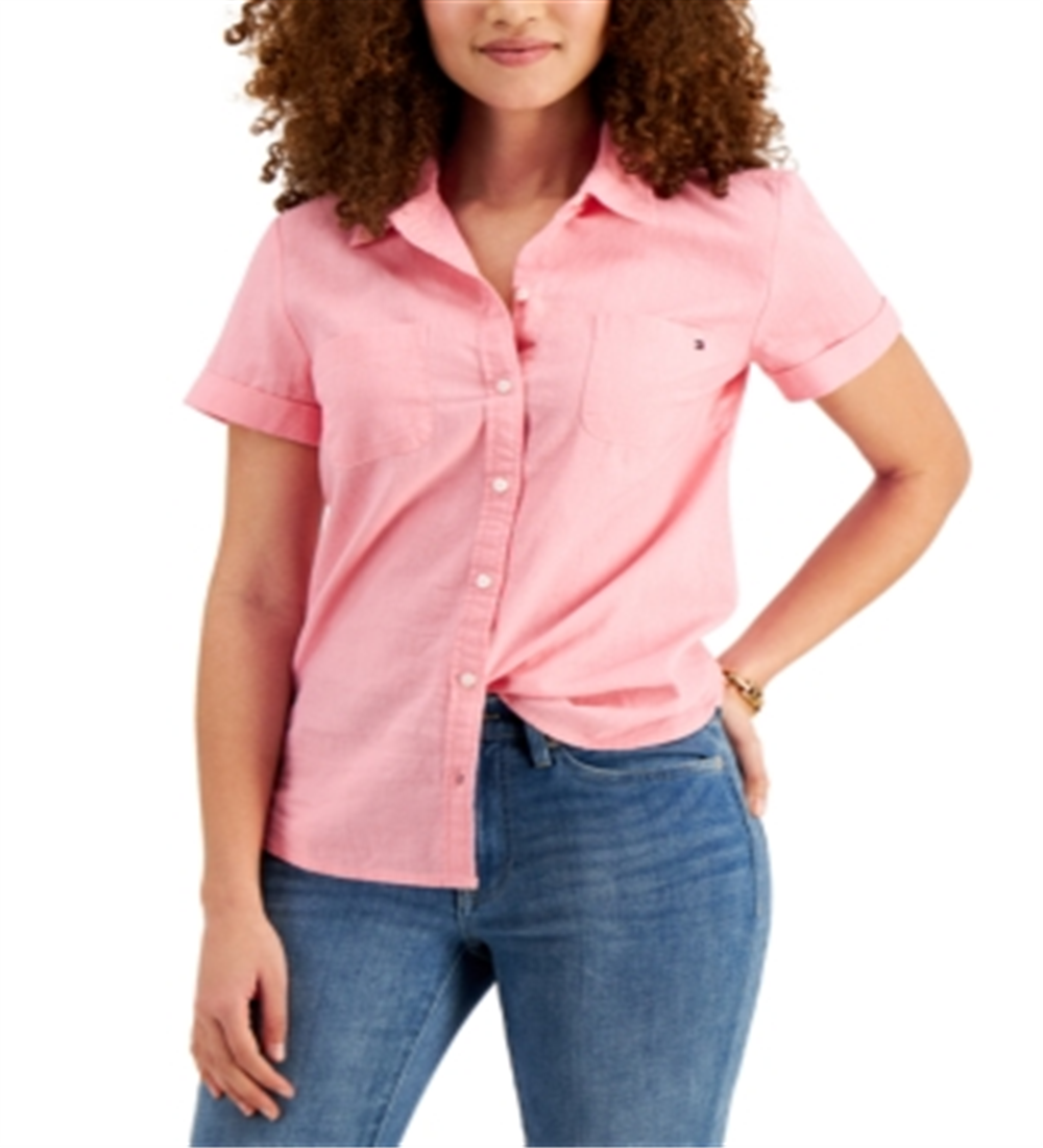 Tommy Hilfiger Women's Linen Camp Shirt Pink Size Small