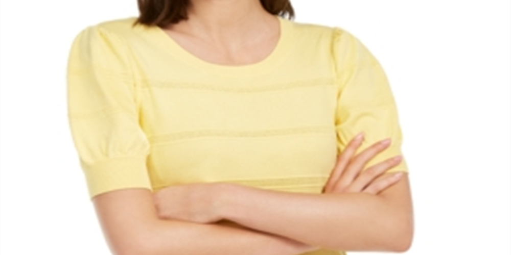 Maison Jules Women's Pointelle Puff Sleeves Sweater Yellow  Size L