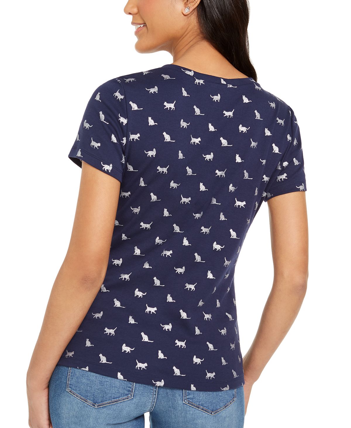 Karen Scott Women's Kitty Glitz Printed Henley Top Blue Size Medium