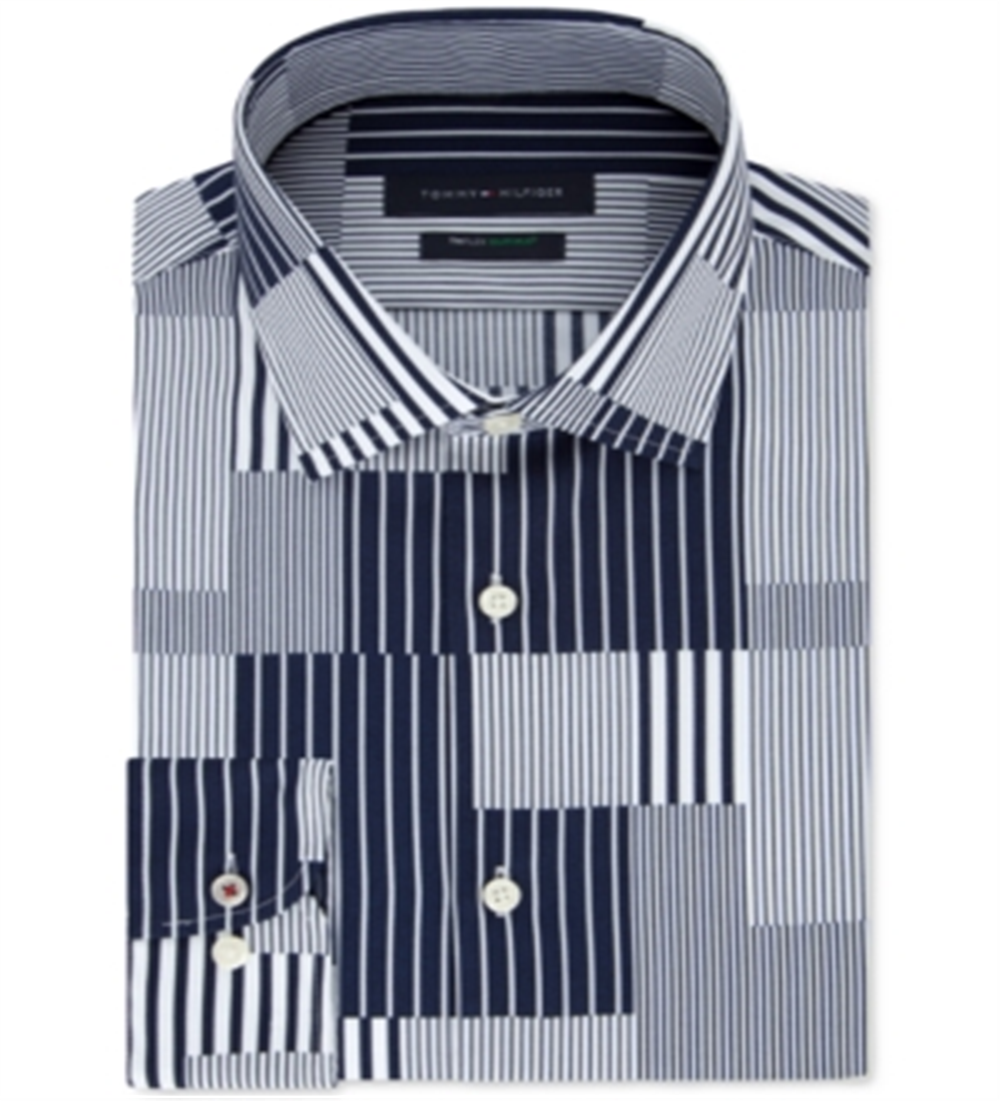 Tommy Hilfiger Men's Slim Fit Th Flex Non Iron Supima Stretch Patchwork Dress Shirt Blue Size 34X35