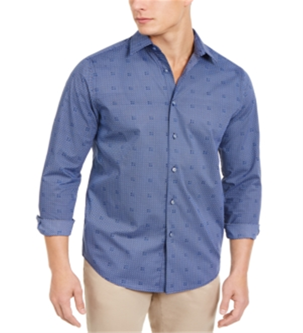 Tasso Elba Men's Shirt Bendini Tile Print Button Down Blue Size Medium