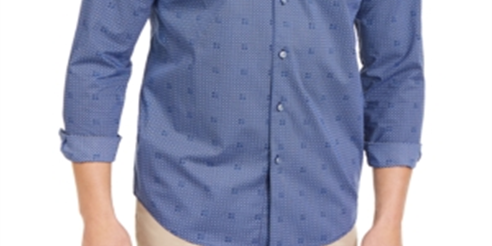 Tasso Elba Men's Shirt Bendini Tile Print Button Down Blue Size Medium