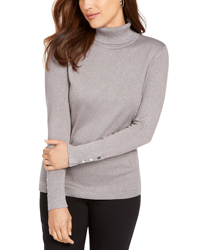 JM Collection Women's Metallic Turtleneck Stud Cuff Sweater Silver Size XX-Large