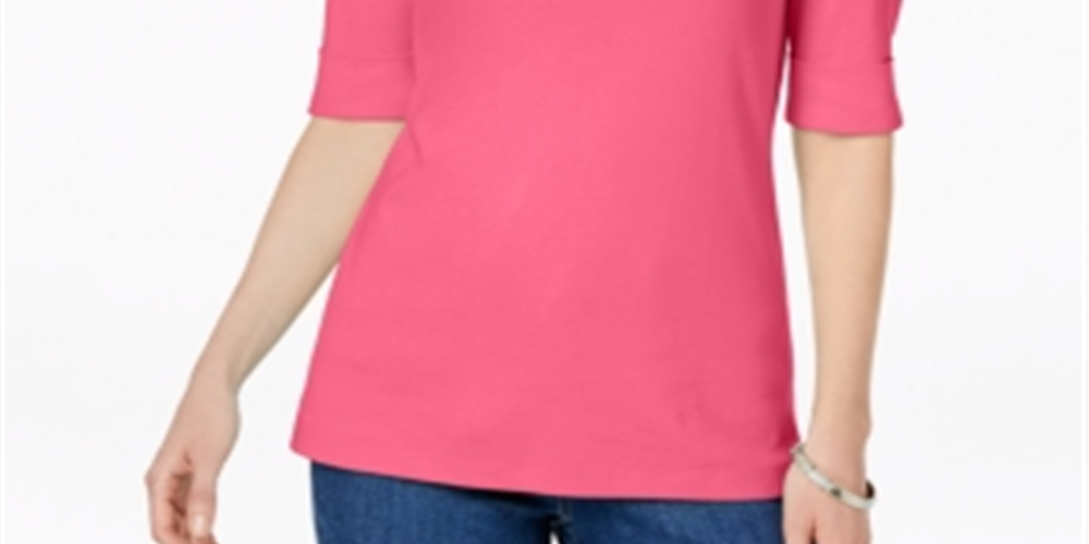 Karen Scott Women's Cuffed Sleeve Boat Neck T-Shirt Pink Size Petite X-Large