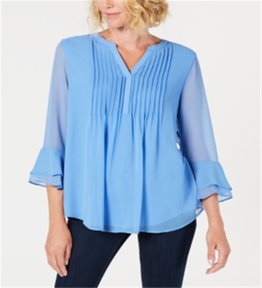 Charter Club Women's Double Ruffle Solid Pintuck Top  Blue Size 2XL