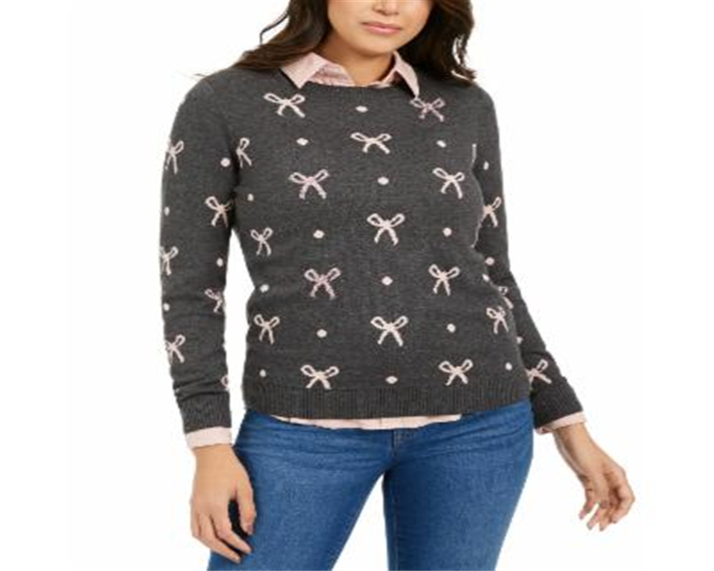 Charter Club Women's Bow Print Sweater Gray Size Petite S