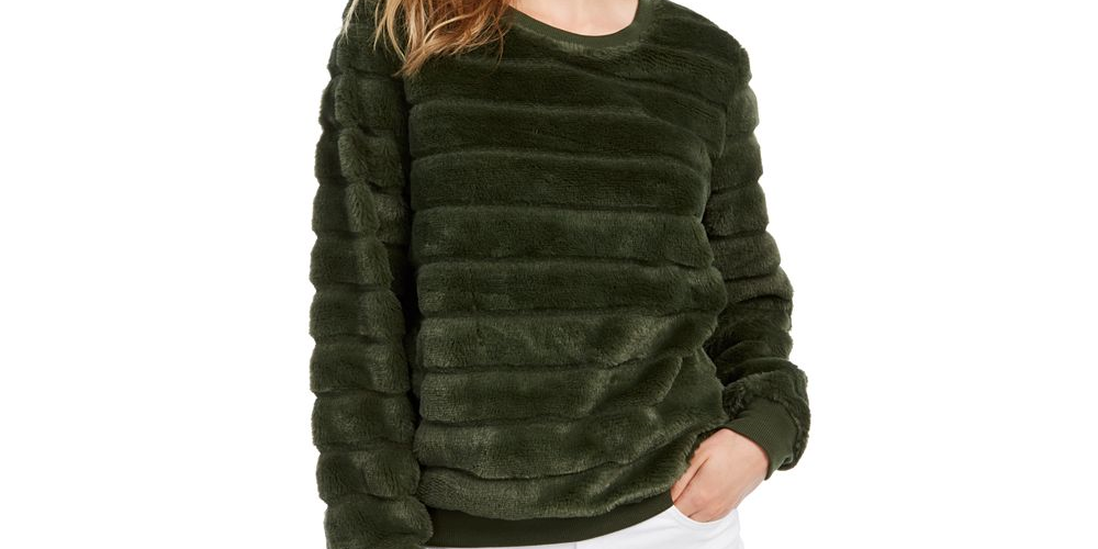 Crave Fame Junior's Faux Fur Sweatshirt Green Size M