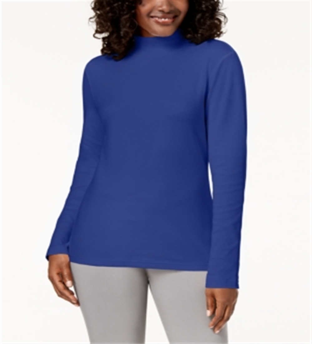 Karen Scott Women's Long Sleeve Mock-Neck Cotton Top Blue Size Petite Small