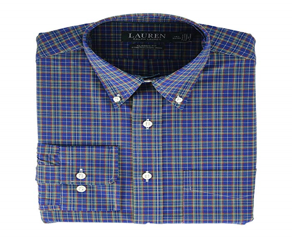 Ralph Lauren Men's Classic Fit Easy Care Plaid Dress Shirt Blue Size 15X32-33