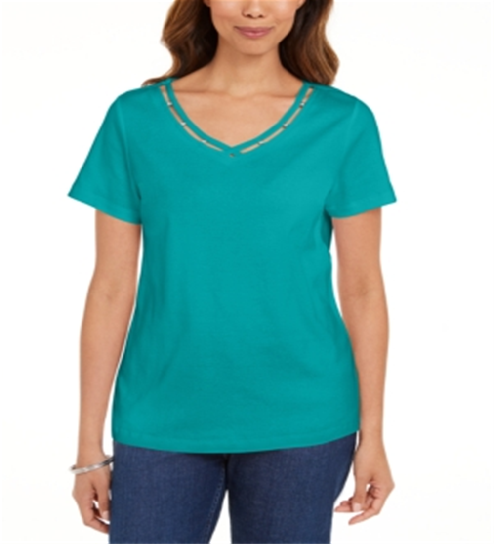 Karen Scott Women's Cotton Open Trim V Neck T-Shirt Green Size Small