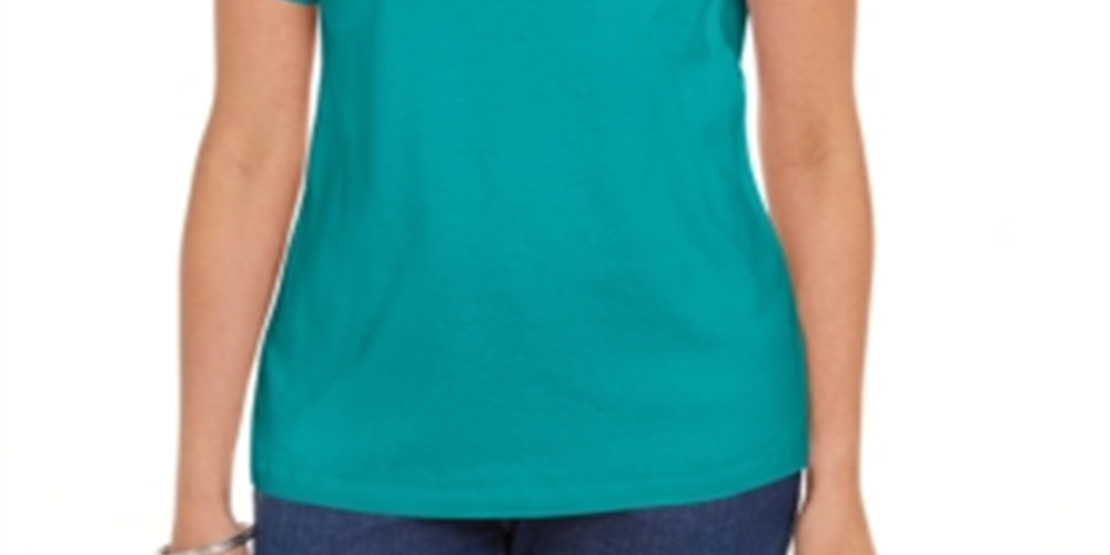 Karen Scott Women's Cotton Open Trim V Neck T-Shirt Green Size Small