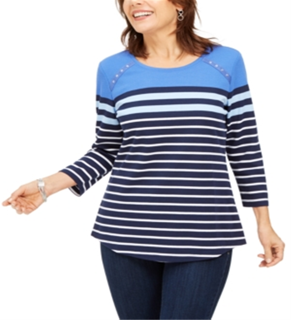 Karen Scott Women's Sport Colorblocked Striped Grommet Top Blue Size X-Small