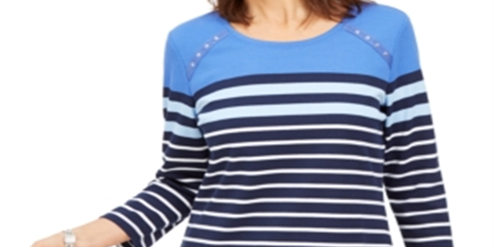 Karen Scott Women's Sport Colorblocked Striped Grommet Top Blue Size X-Small