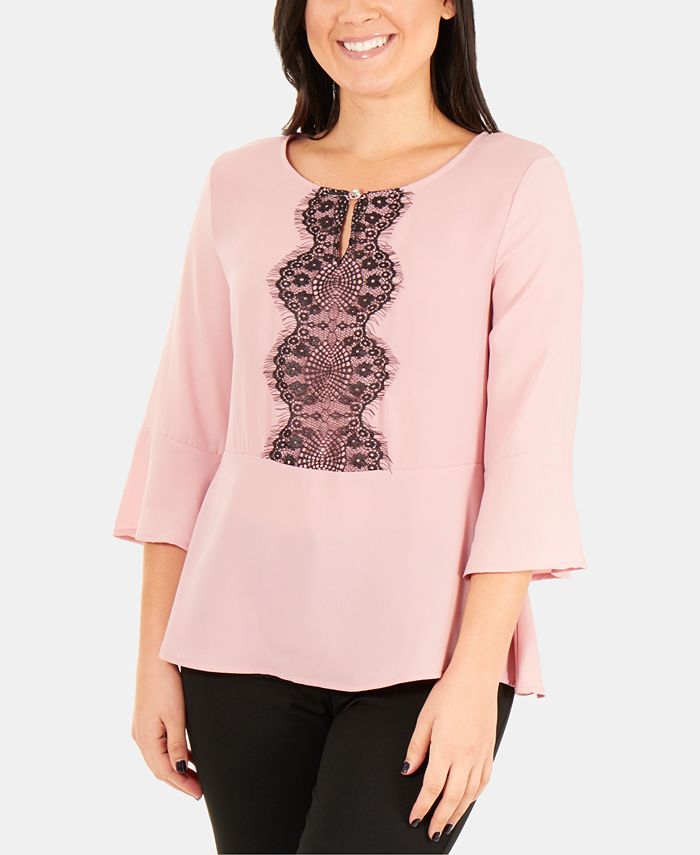 NY Collection Women's 3/4 Sleeve Peplum Top with Trim Pink Size Small