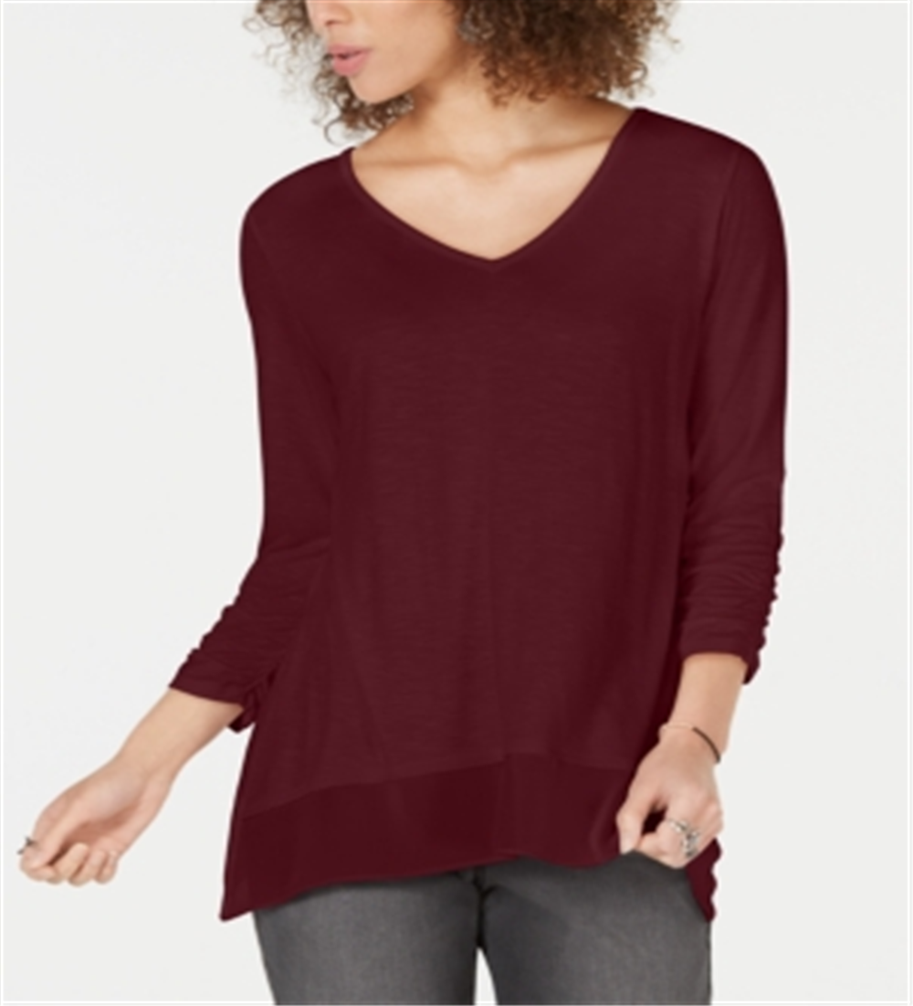 Style & Co Women's Long Sleeve V Neck Blouse Wine Size PP