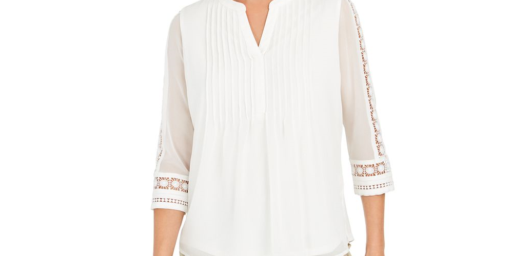 Charter Club Women's Sheer Sleeve Pintuck Top White Size Petite S