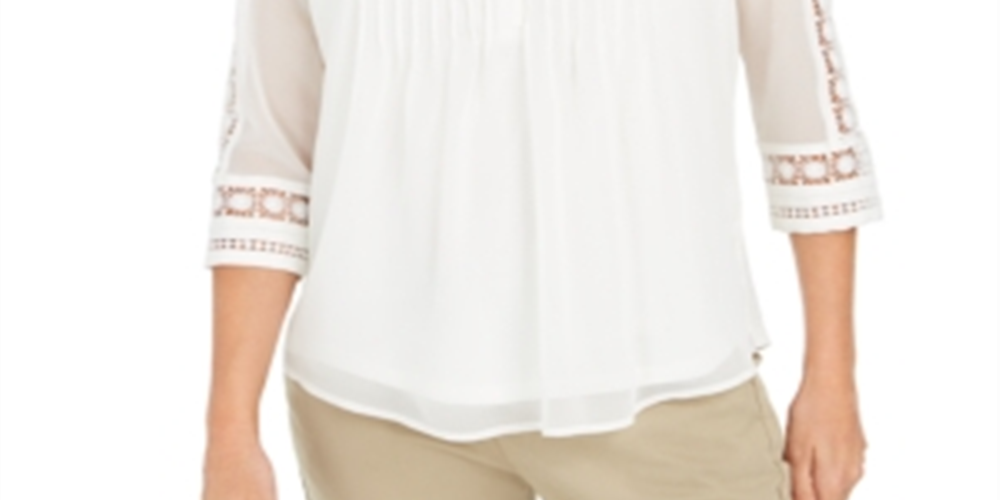Charter Club Women's Sheer Sleeve Pintuck Top White Size Petite S