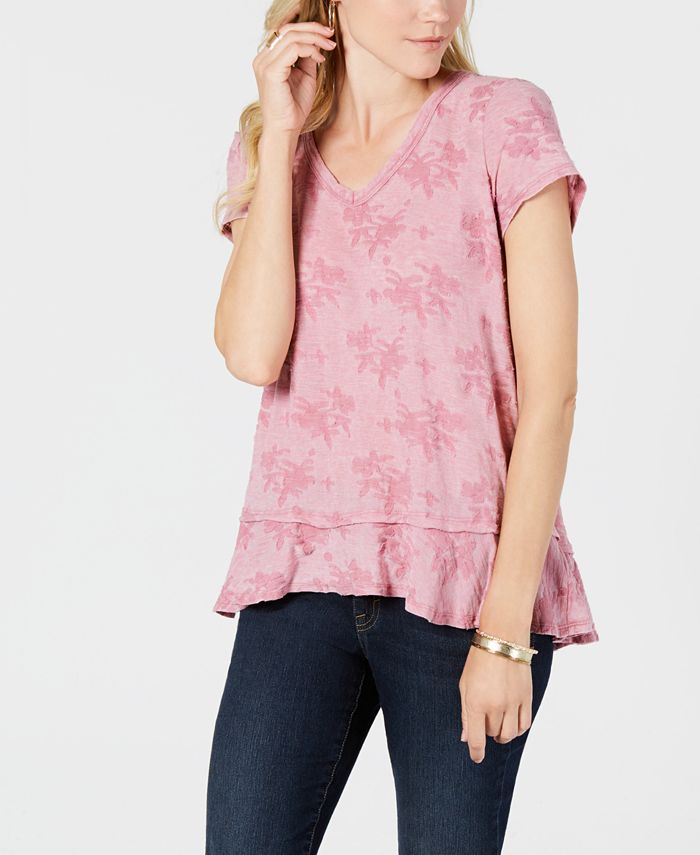 Style & Co Women's Burnout Ruffle Hem Top -Blue Size XL