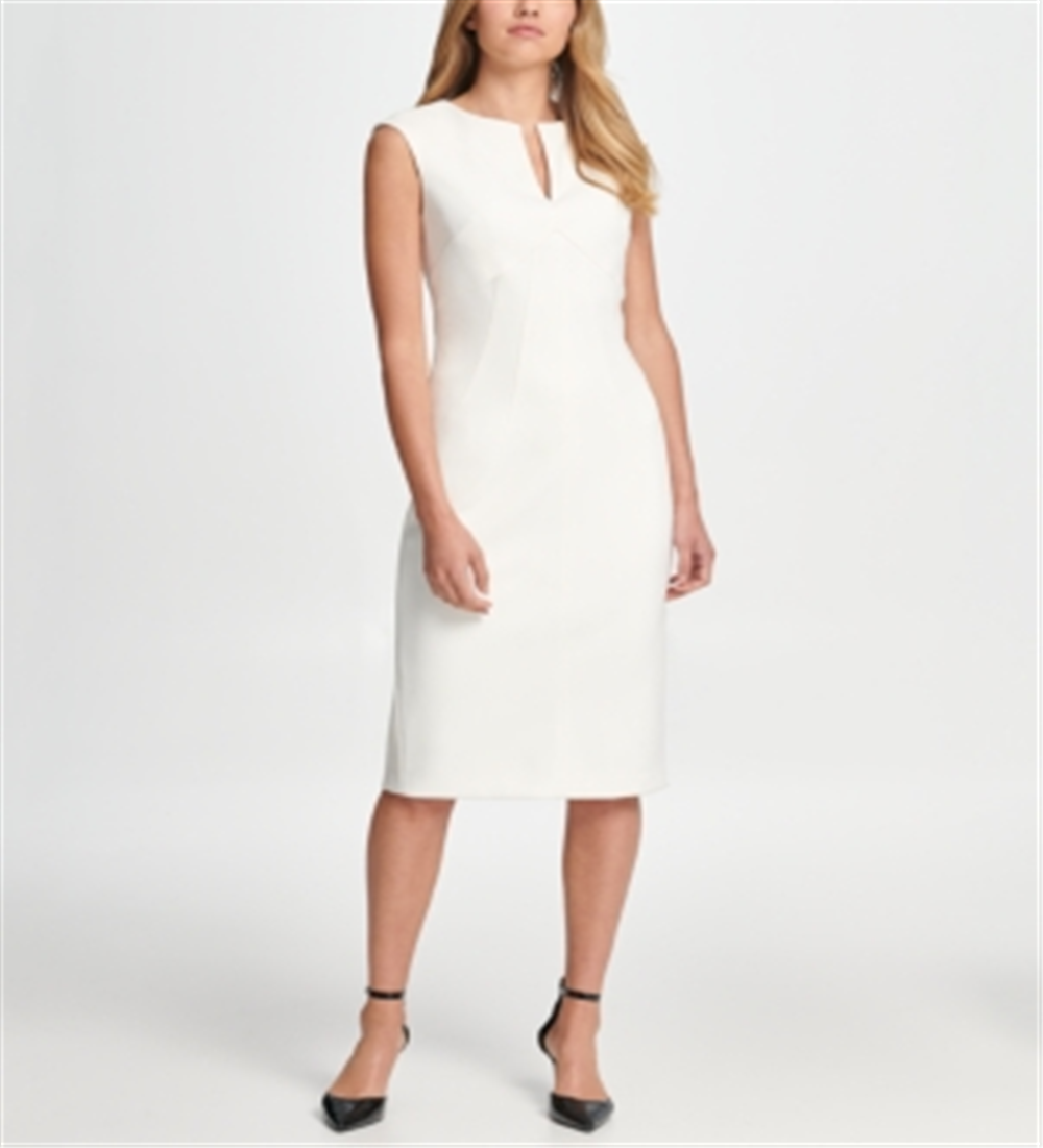 DKNY महिलाओं के लिए कैप स्लीव नी लेंथ बॉडी-कॉन ड्रेस सफ़ेद, साइज़ 12