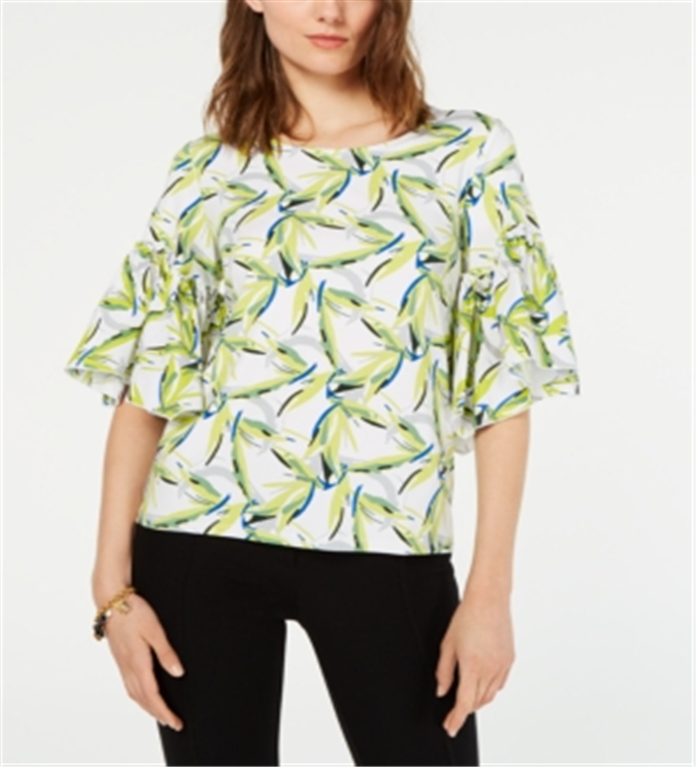 Alfani Women's Bell Sleeve Printed Top White  Size Petite S/M