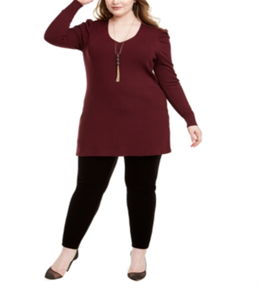 INC International Concepts Women's Puff Shoulder V Neck Tunic Wine Size 0X