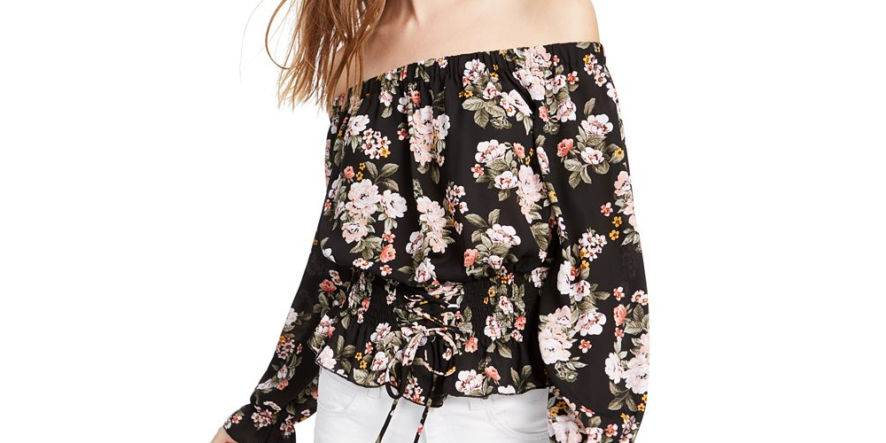Ultra Flirt Junior's Smocked Off the Shoulder Top Black Size Large