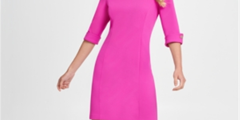 DKNY Women's Button Cuff Elbow Sleeve Sheath Dress Fucsia Size 6