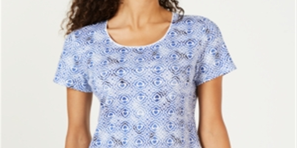Karen Scott Women's Printed Scoop Neck T-Shirt Blue Size Medium