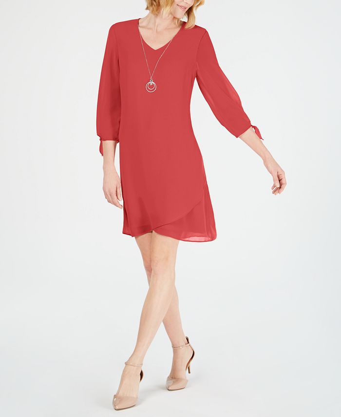 JM Collection Women's Tie Sleeve Necklace Dress Red Size Petite S
