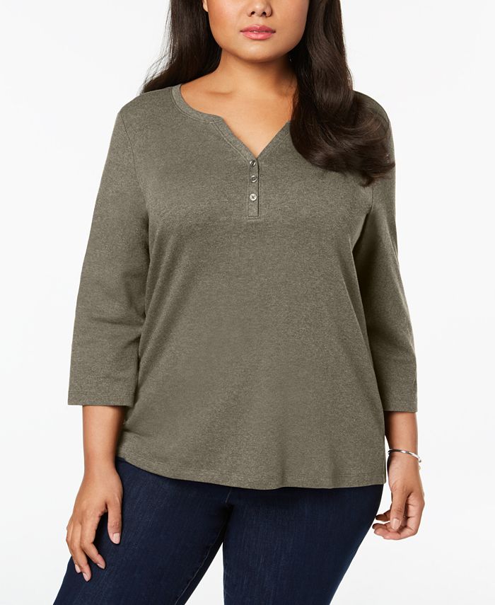 Karen Scott Women's Plus Cotton Split Neck Top Brown Size 1X