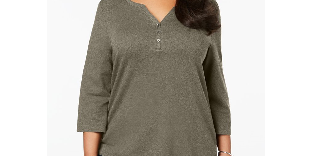 Karen Scott Women's Plus Cotton Split Neck Top Brown Size 1X