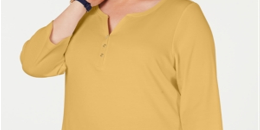Karen Scott Women's Plus Cotton Split Neck Top Brown Size 1X