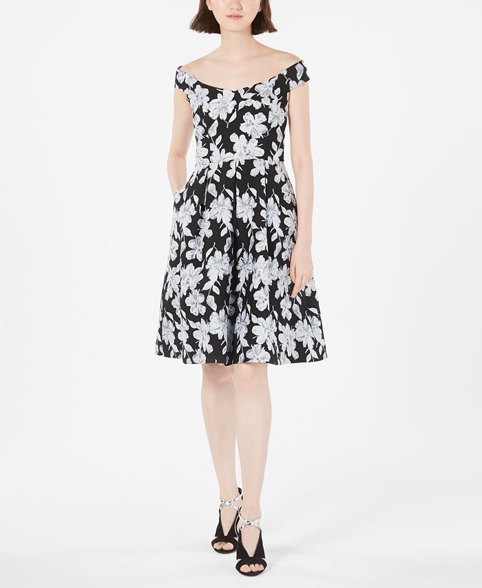 Calvin Klein Women's Floral Sleeveless Off Shoulder Knee Length Fit Flare Dress Black Size 10
