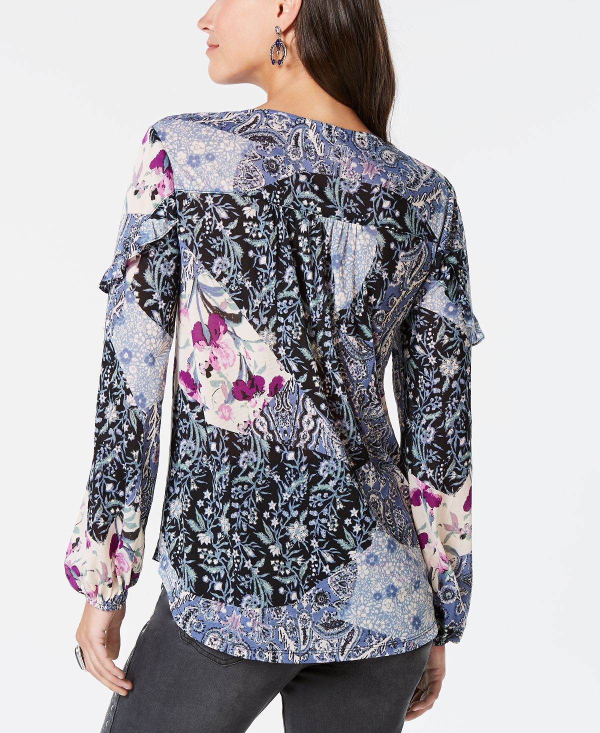 Style & Co Women's Printed Prairie Top Blue Size L