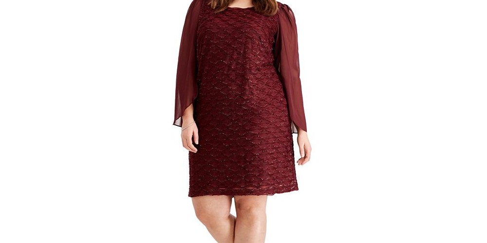 Connected Women's Glitter Long Sleeve Jewel Neck Knee Length Evening Sheath Dress Red Size 14W