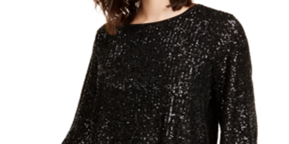 Alfani Women's Sequined Bell Sleeve Top Black Size Petite S/M