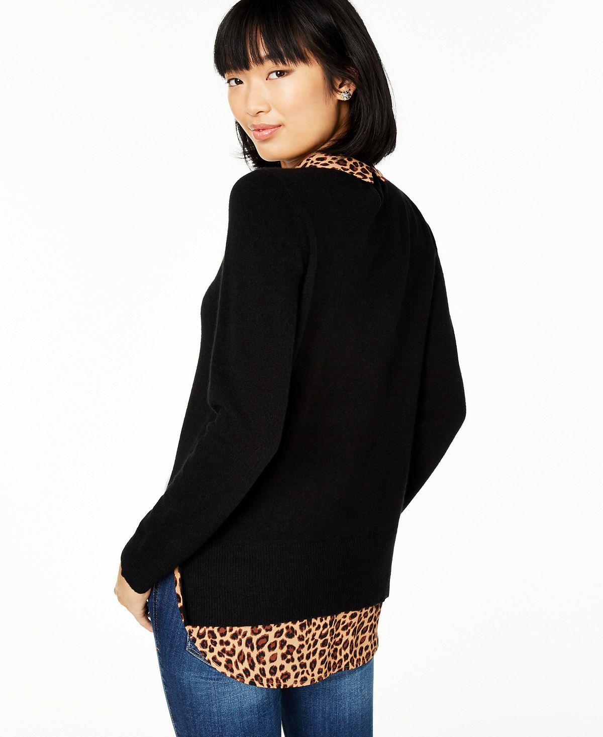 Charter Club Women's Pure Cashmere Cheetah Print Layered Look Sweater Black Size Petite S/M