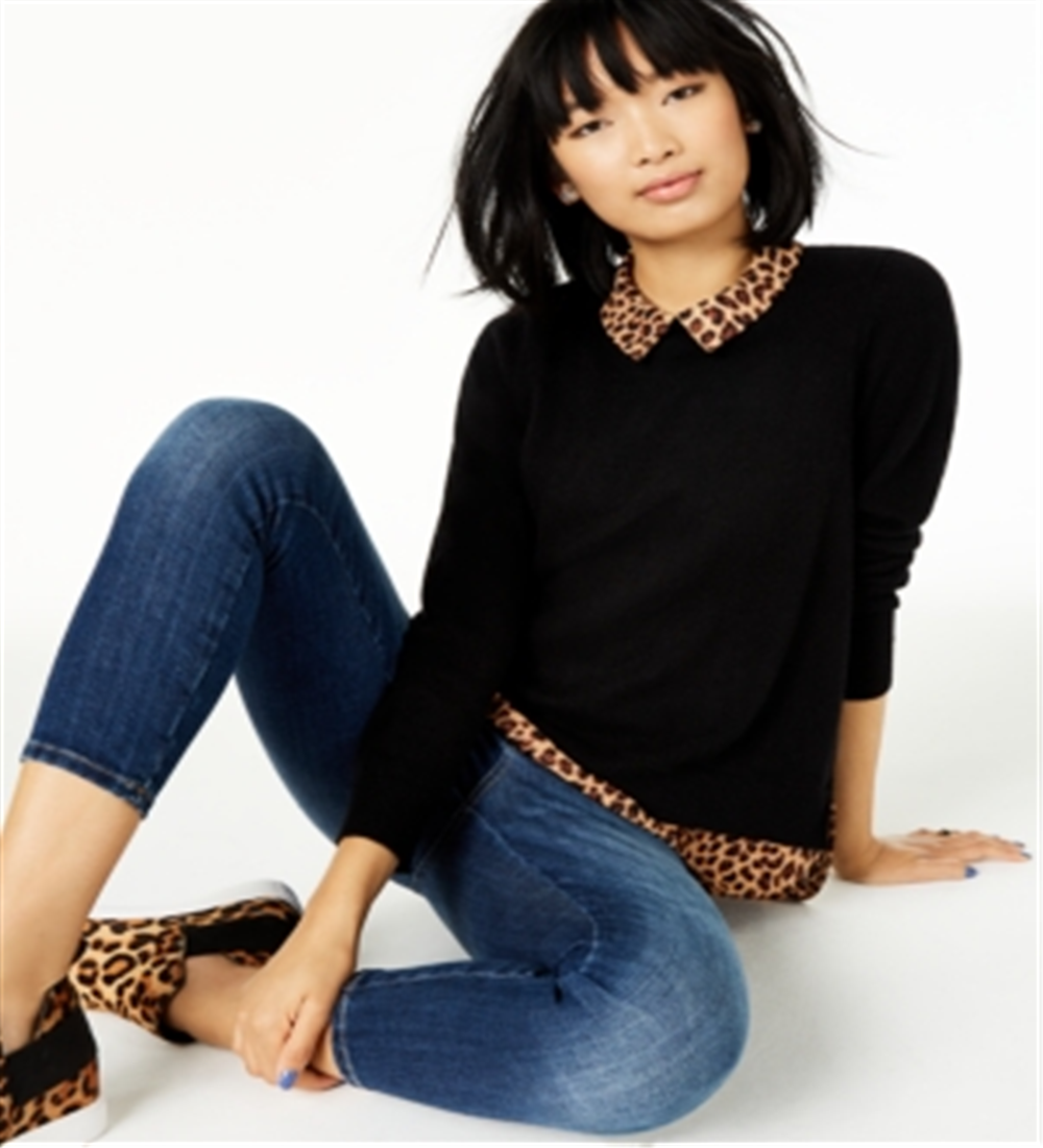 Charter Club Women's Pure Cashmere Cheetah Print Layered Look Sweater Black Size Petite S/M