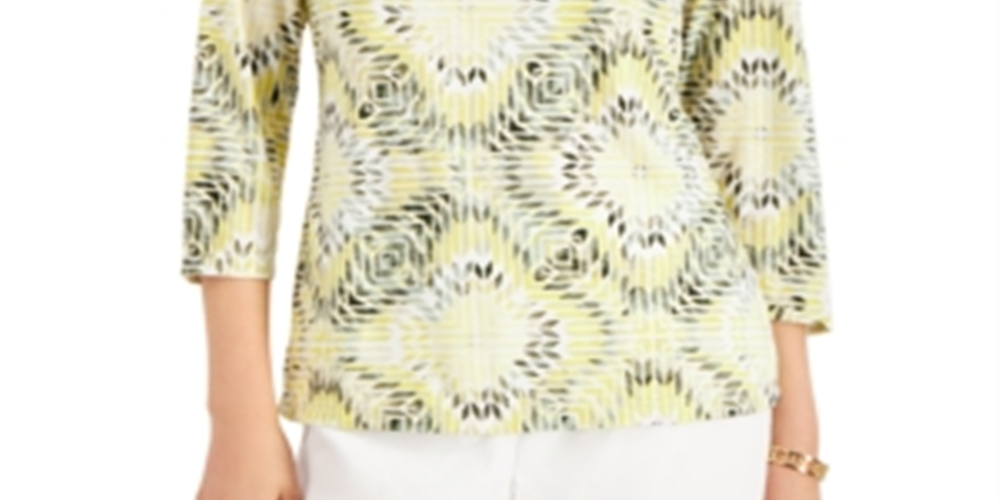 JM Collection Women's Printed Jacquard Top Yellow Size X-Large