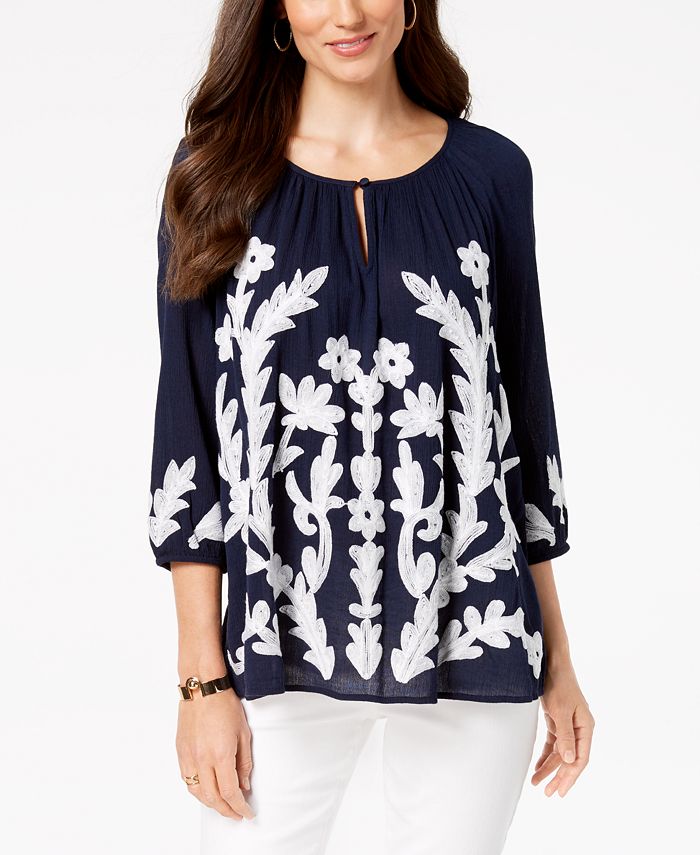 Charter Club Women's Embroidered Top Blue Size M