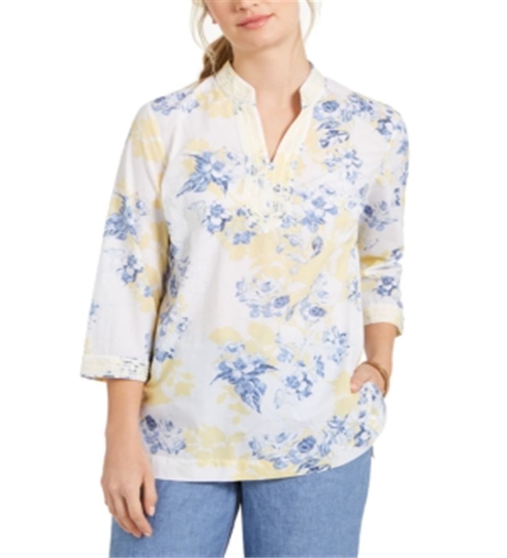 Charter Club Women's Cotton Embroidered Printed Voile Tunic Yellow Size Petite