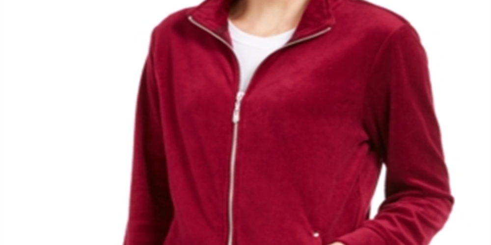 Karen Scott Women's  Sport Velour Zip Jacket Red Size Small