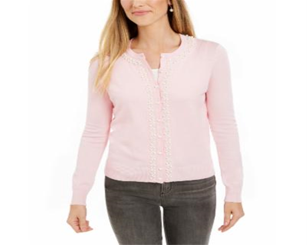 Charter Club Faux Pearl Trim Cardigan Pink Size S