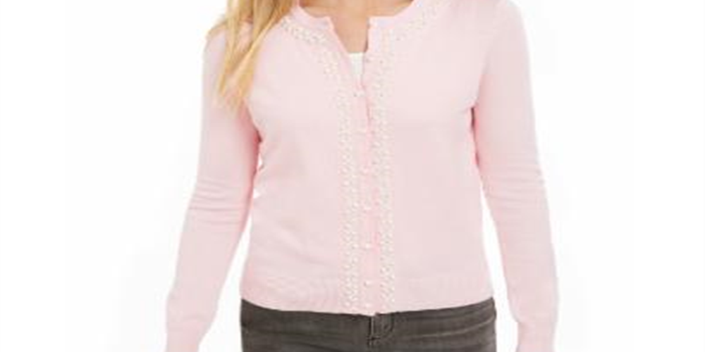 Charter Club Faux Pearl Trim Cardigan Pink Size S