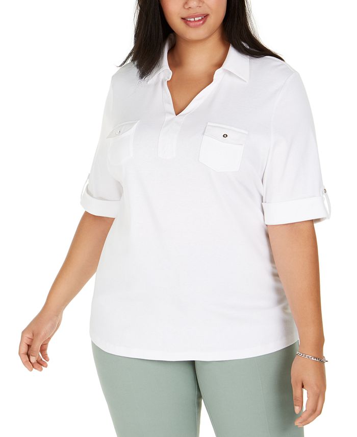 Karen Scott Women's Plus Cotton Collared Top Red Size 4X