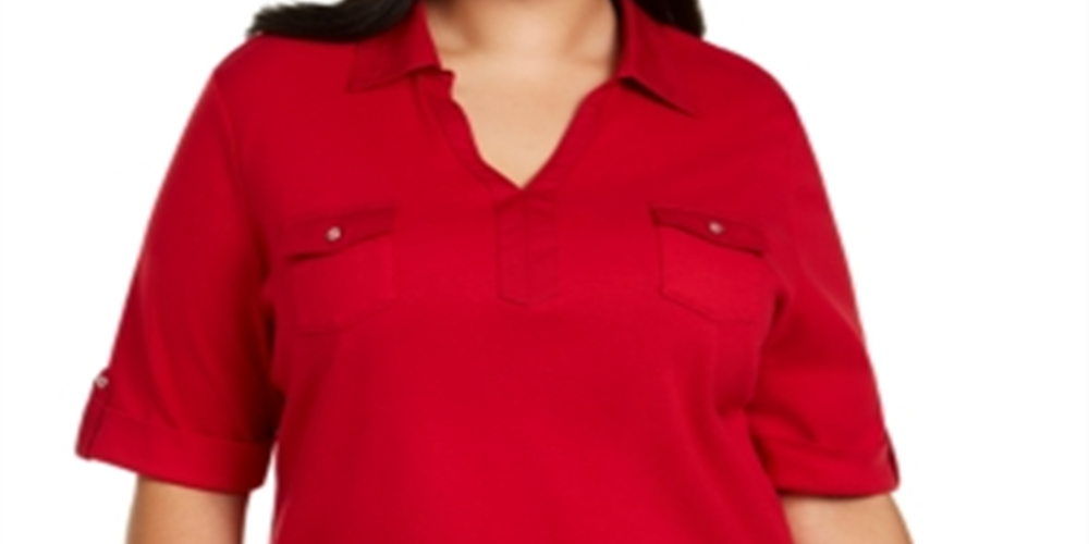 Karen Scott Women's Plus Cotton Collared Top Red Size 4X