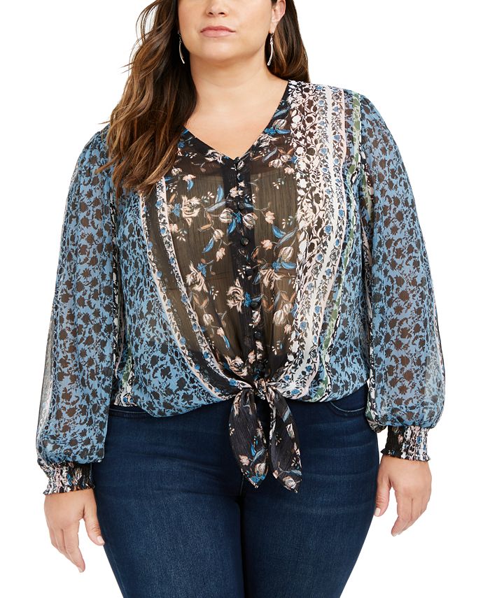 INC Plus Size Printed Tie-Front Retro Flower Black Size  0X